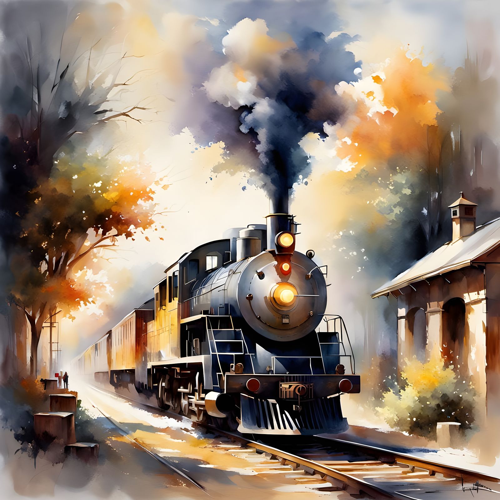 American Railroad at Sunset in Watercolor Style