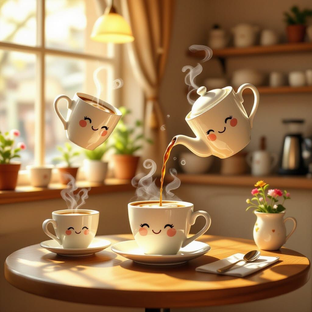 Whimsical Cafe: Self-Pouring Coffee Cups in Storybook Style