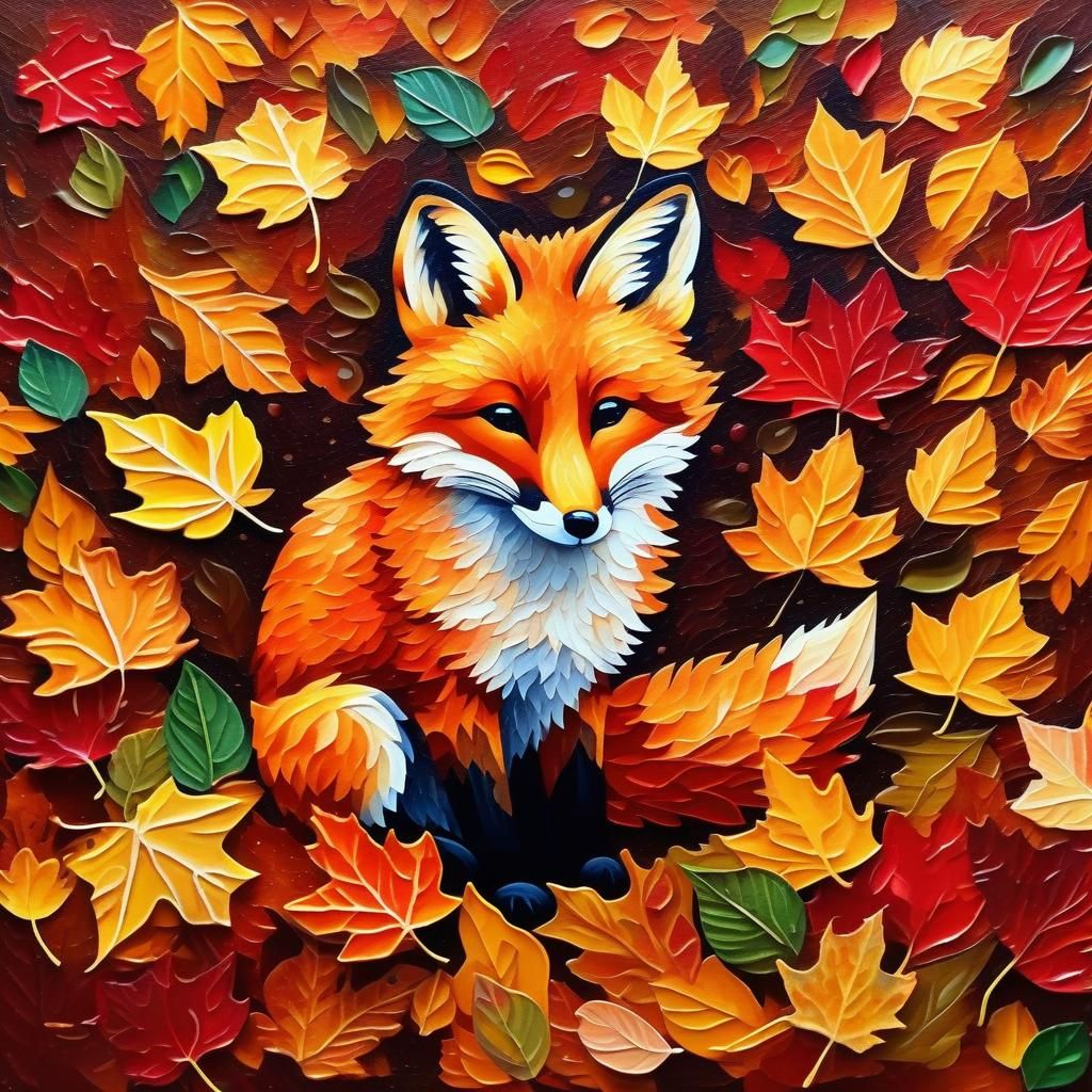 Whimsical Fox in Autumn Leaves: Kinetic Pointillism
