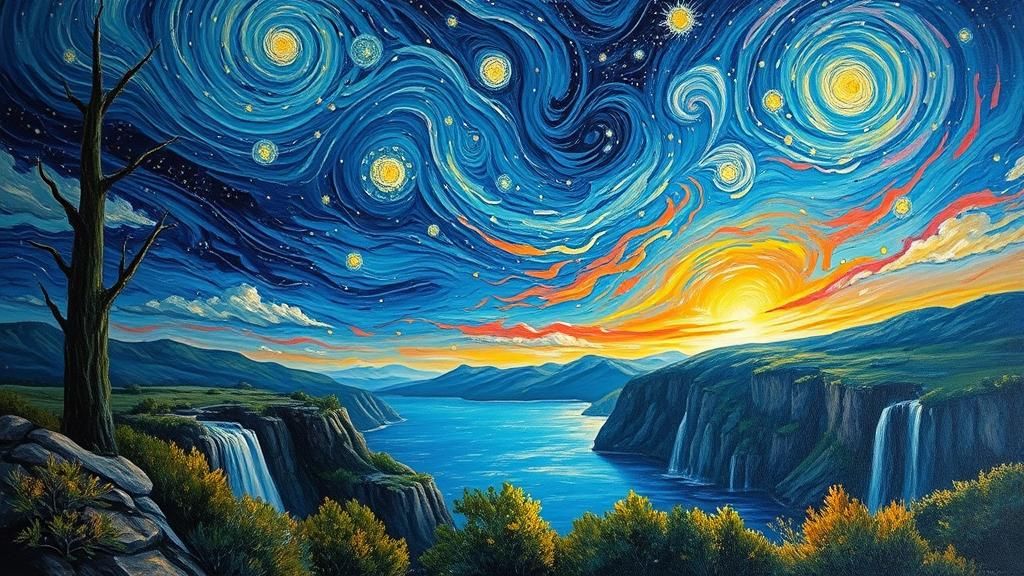 Starry Night Waterfalls in Neo-Impressionist Style