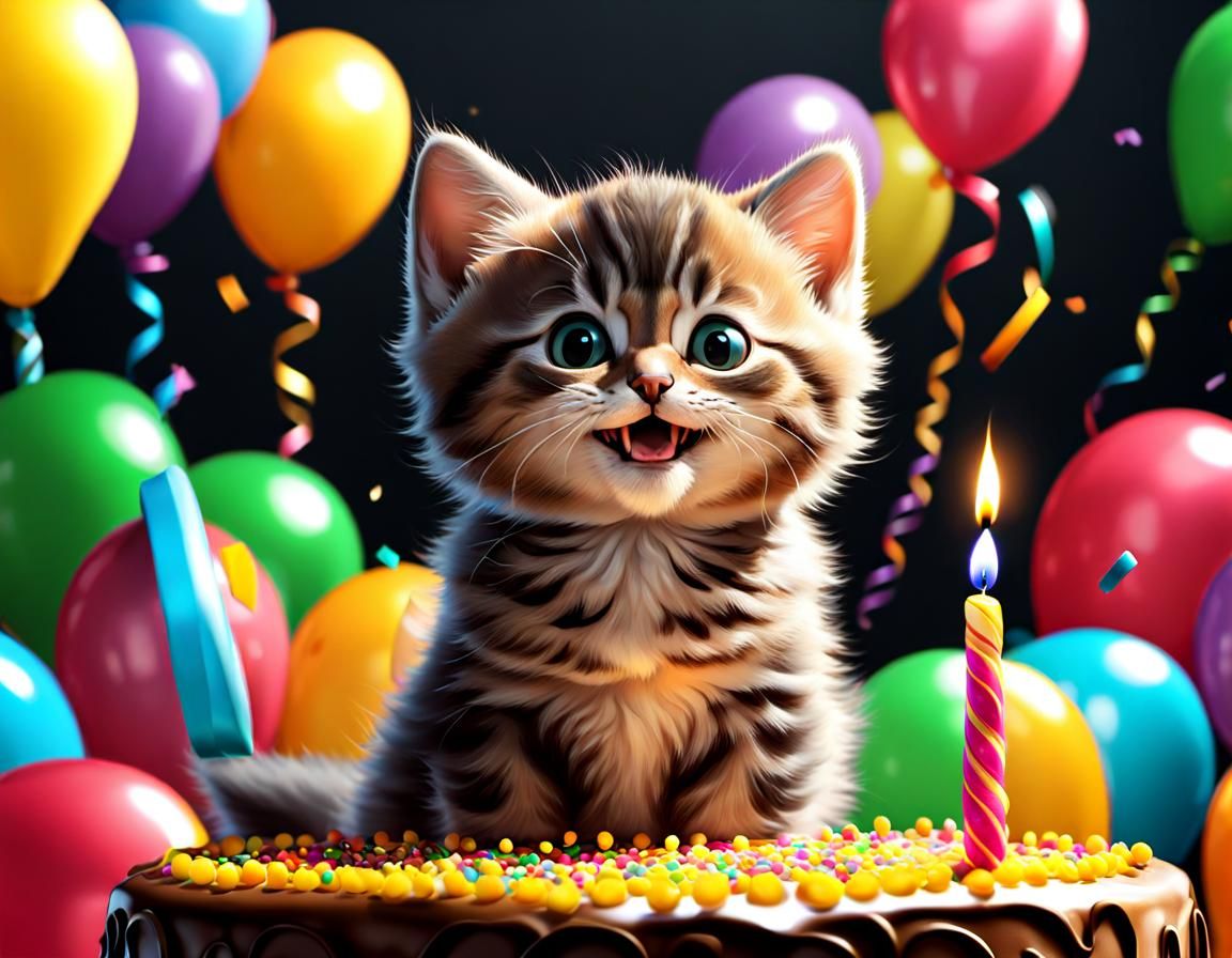 Happy Birthday Kitten in Comic Art Style