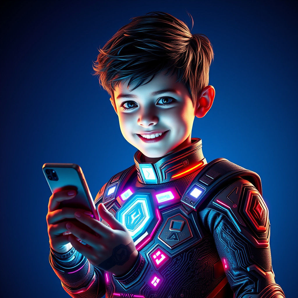Cyberpunk Superhero Boy with Futuristic Mobile Device
