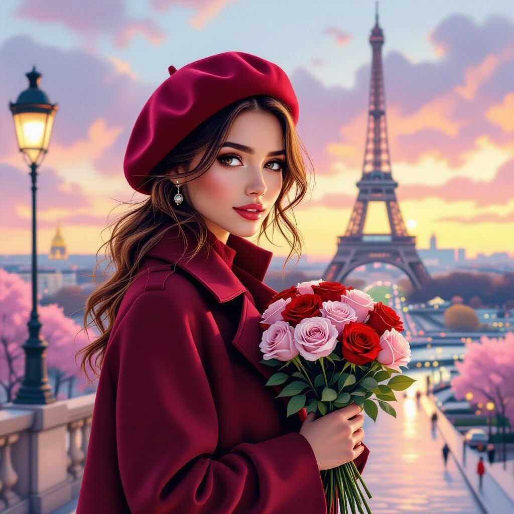 Woman with Roses in Watercolor Spring Cityscape