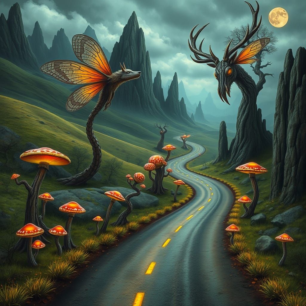Mystical Road Through a Dreamlike Landscape with Fantastical...