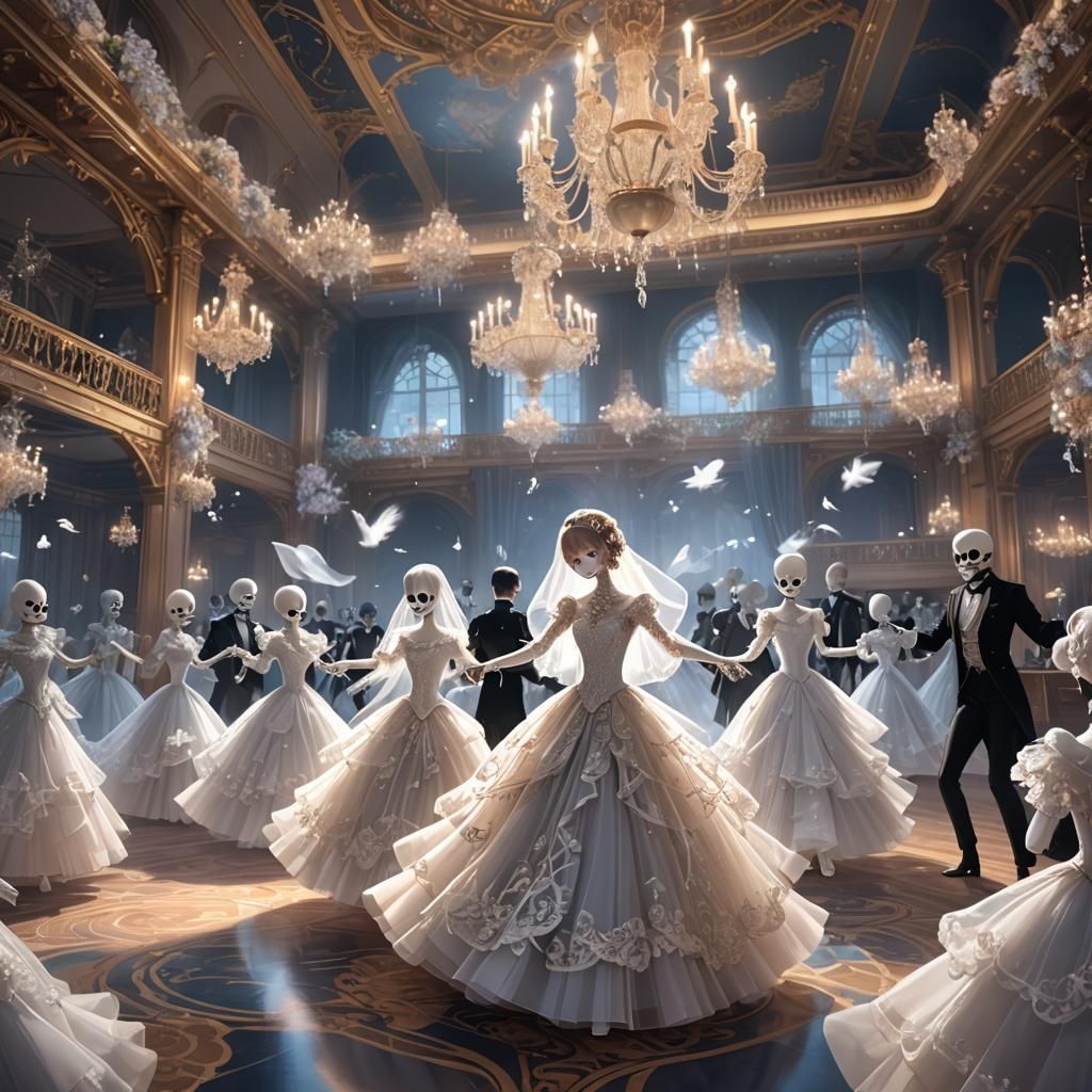 Elegant Skeletons Dancing in Lavish Anime Ballroom