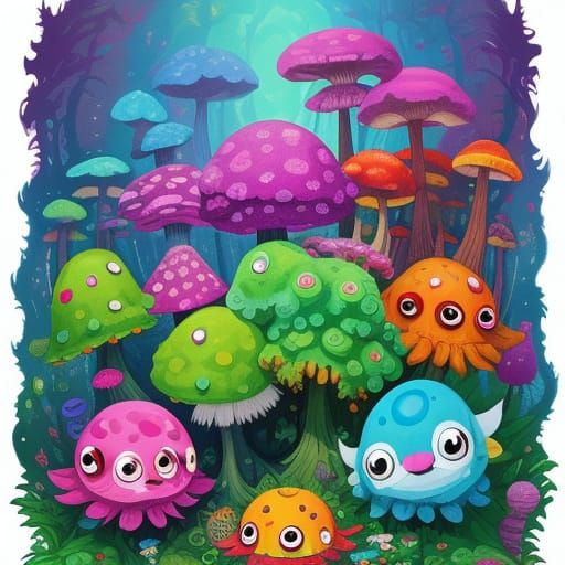 Cute Monsters Party in Whimsical Forest Digital Art