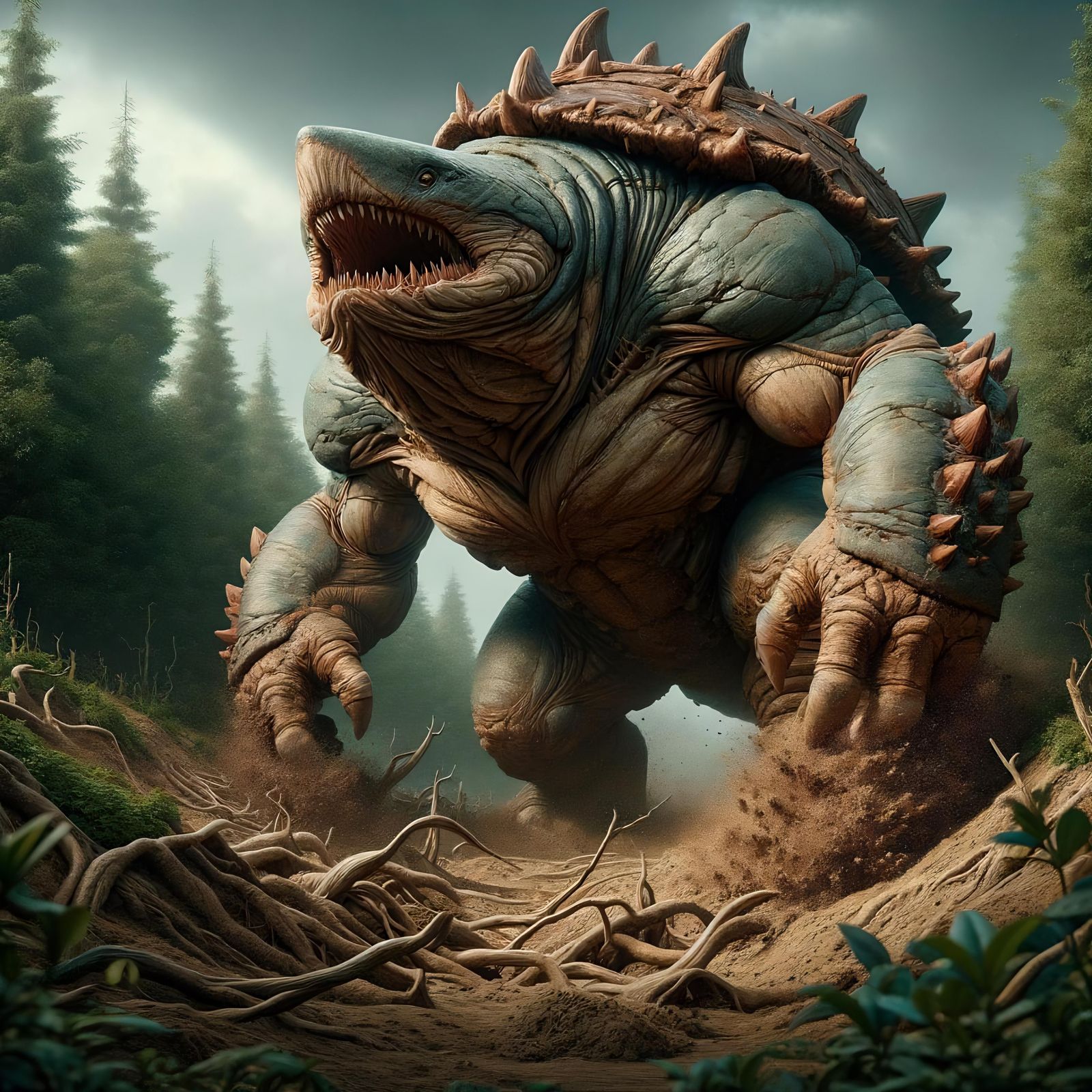 Dark Fantasy Bulette Emerges from Forest Soil