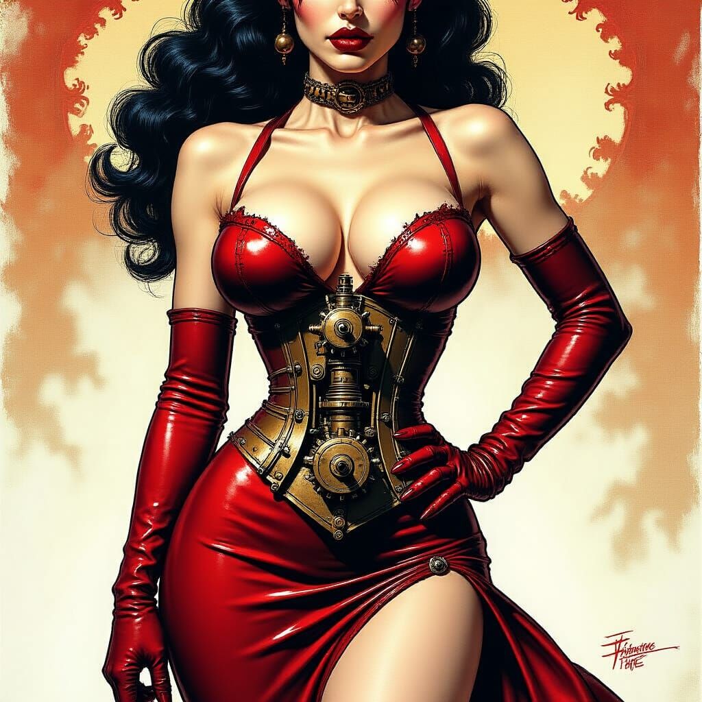 Demonic Steampunk Model in Frazetta-Inspired Pinup Art