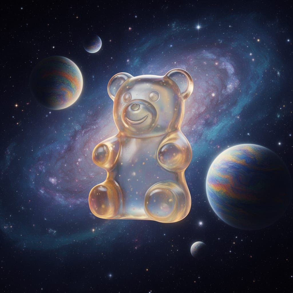 Giant Gummy Bear in Cosmic Nebula with Rainbow Planets
