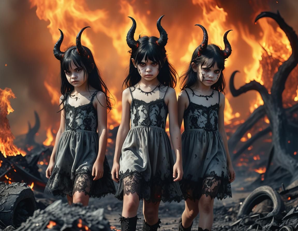 Devil's Daughters in a Burning Underworld Landscape