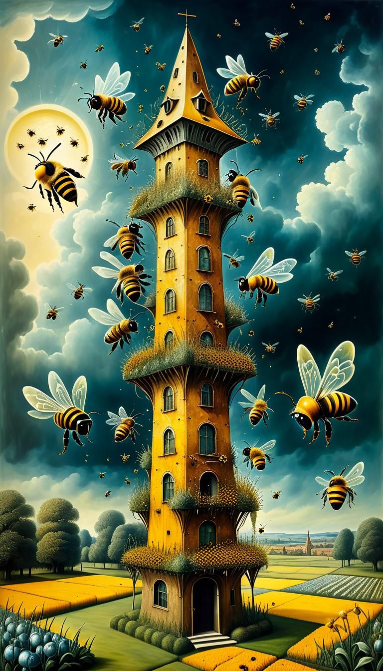 Cyborg Tower Food Garden in Encaustic Surrealism