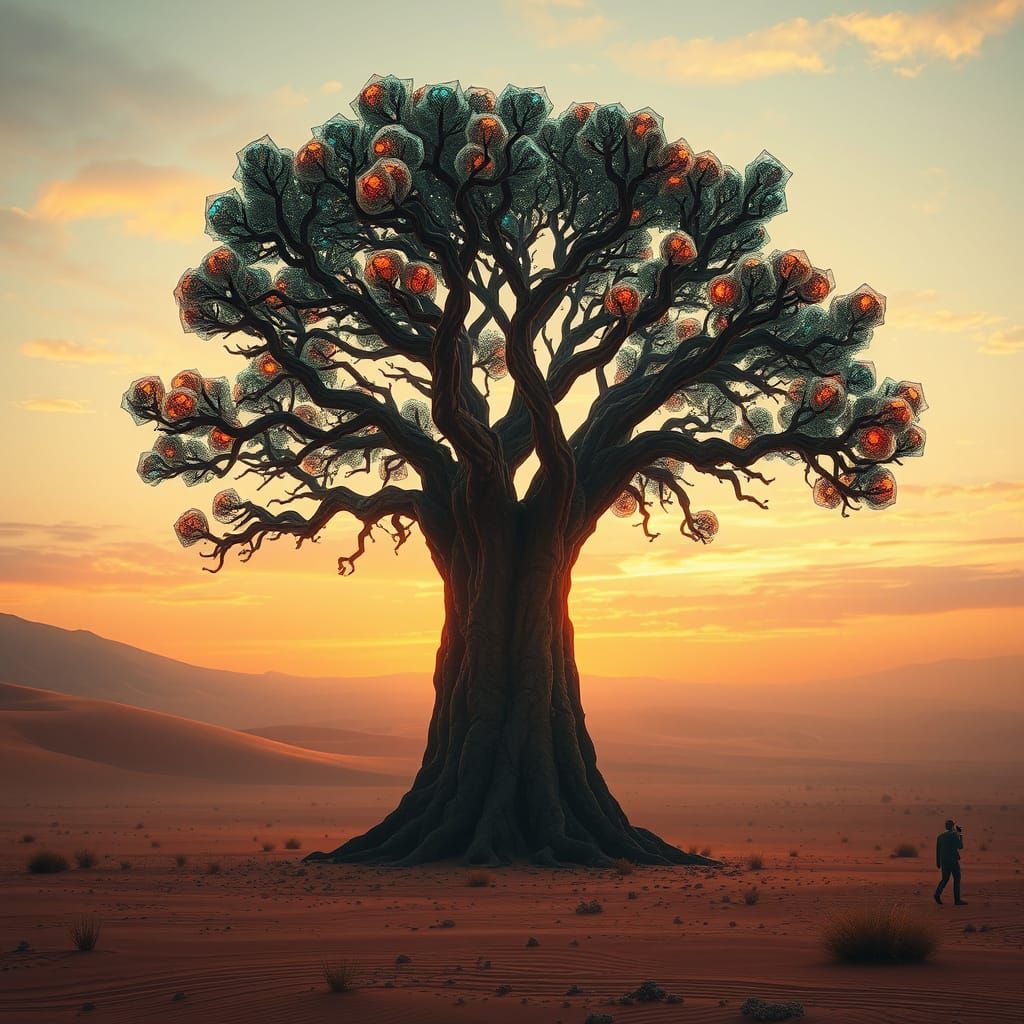 Glass Tree in Desert Sunset: Dystopian Futurism