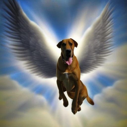 Winged Great Dane Ascending to Heaven in Renaissance Style