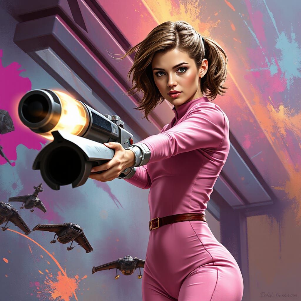 Woman in Pink Star Trek Uniform with Laser Cannon