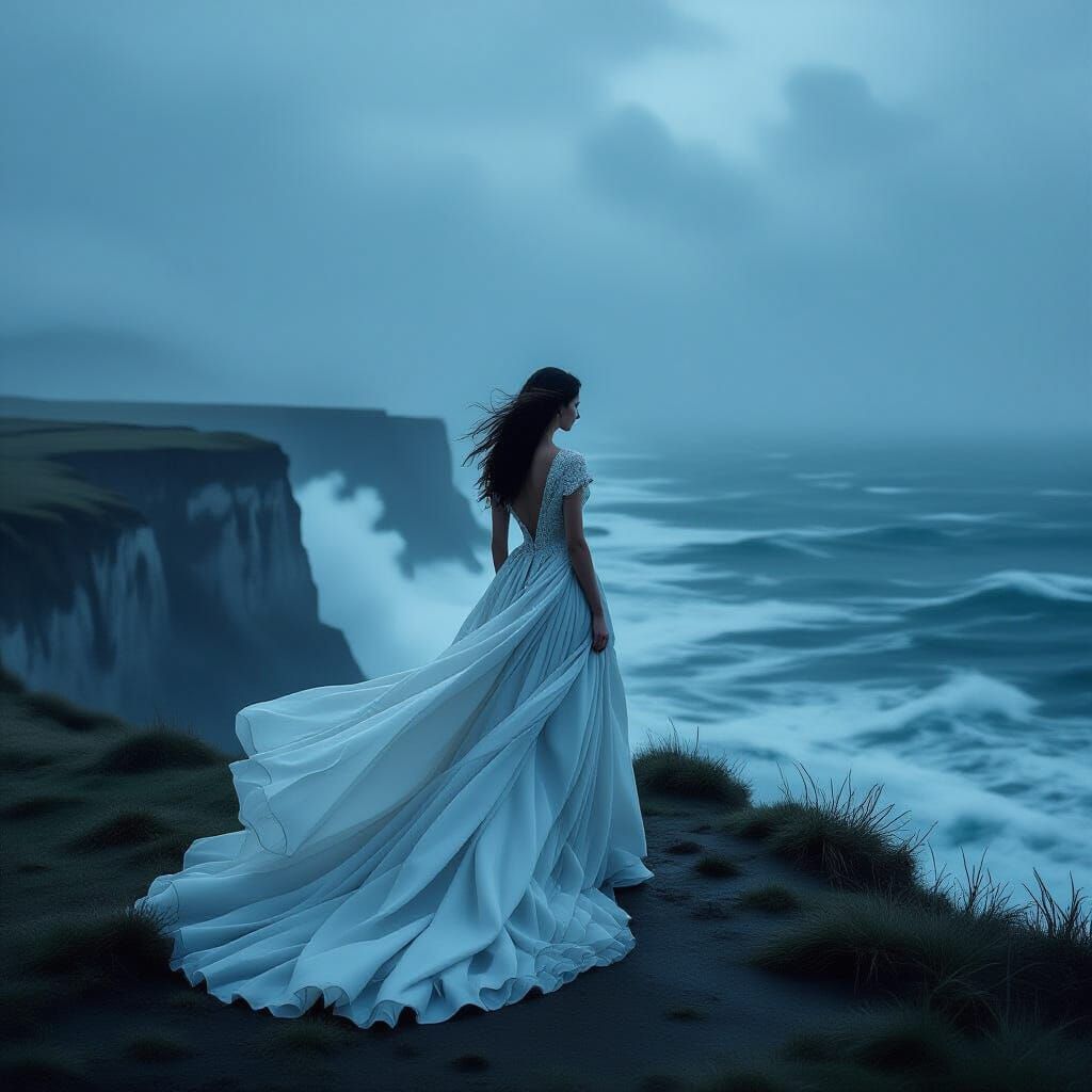 Ethereal Woman on Stormy Cliffside in Avant-Garde Gown