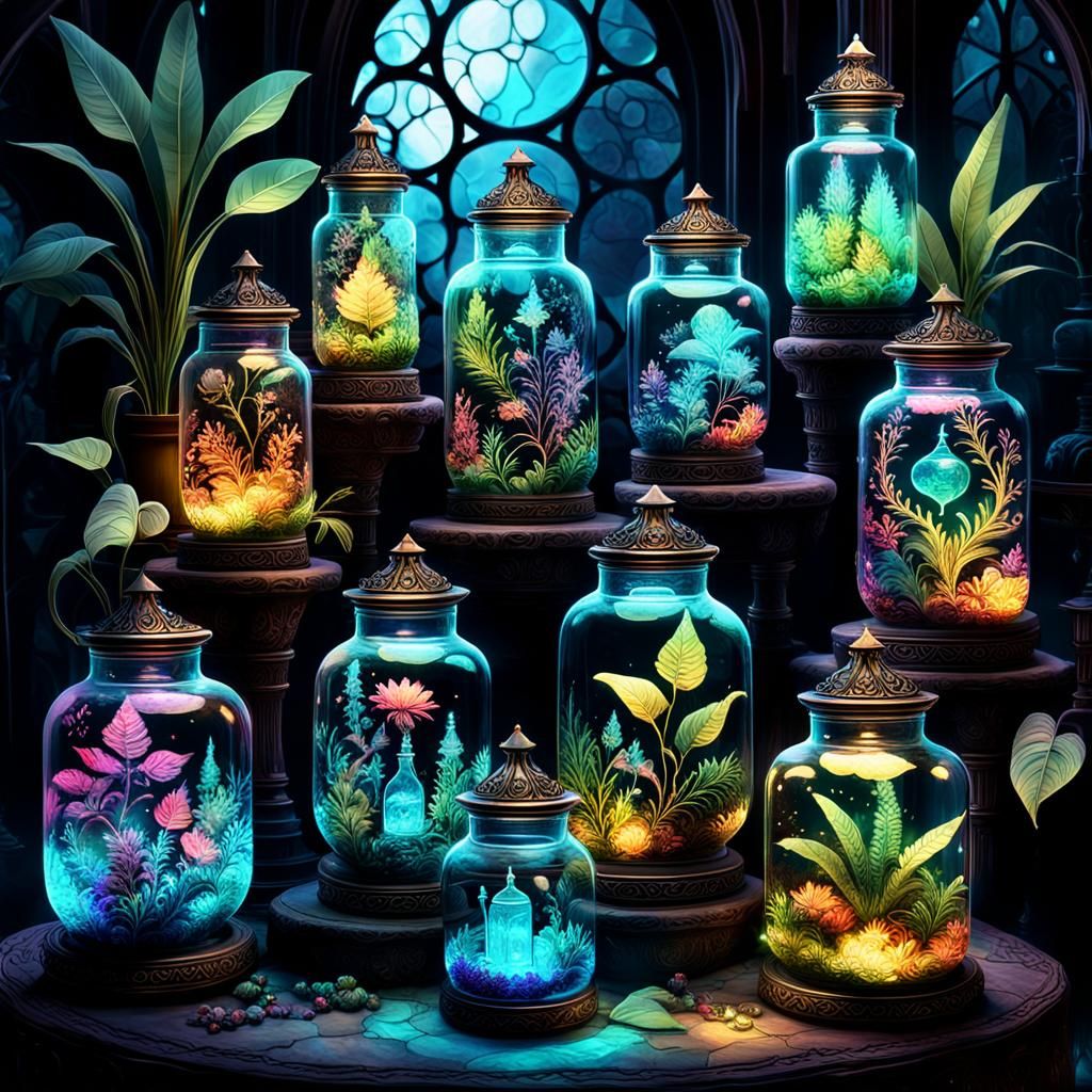 An array of ornate glass jars brimming with vibrant exotic plants