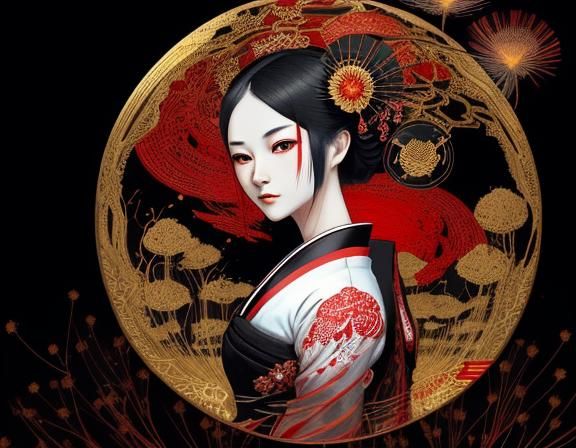 Geisha in Lace Dress Reflecting in Pond