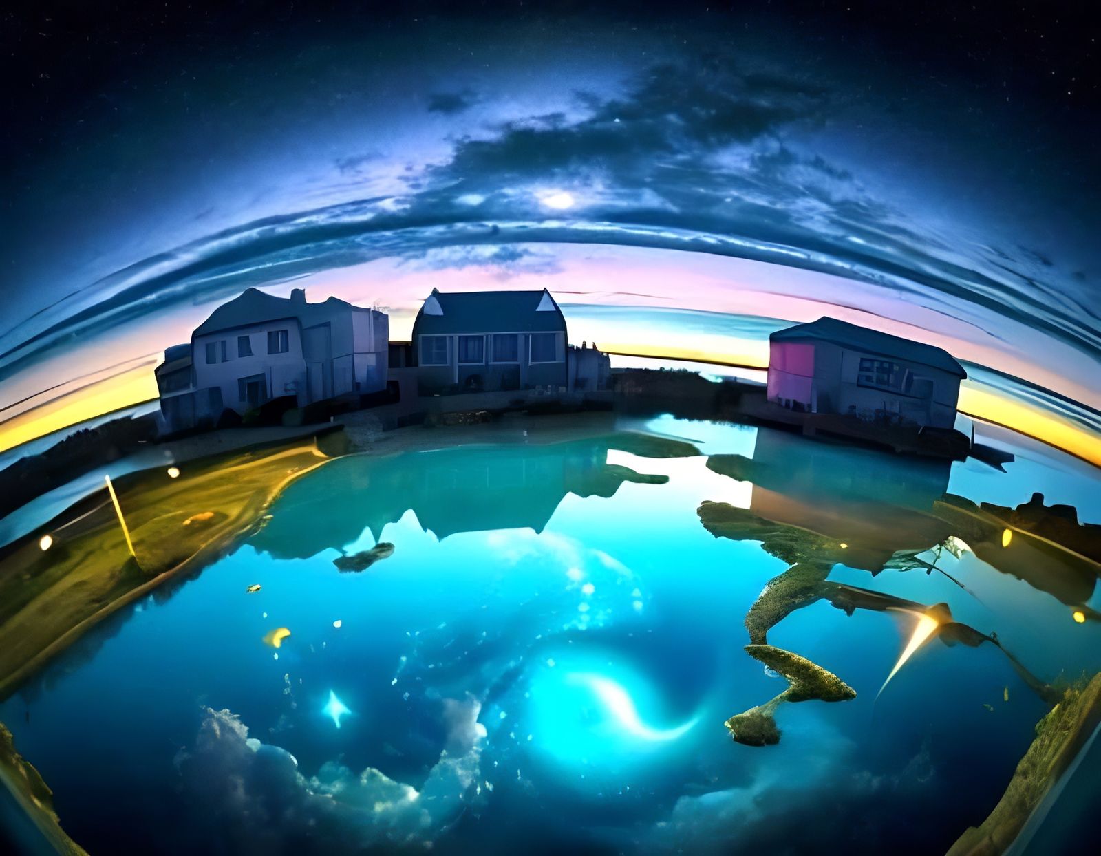 Surreal Starry Sky Over Lagoon with Buildings