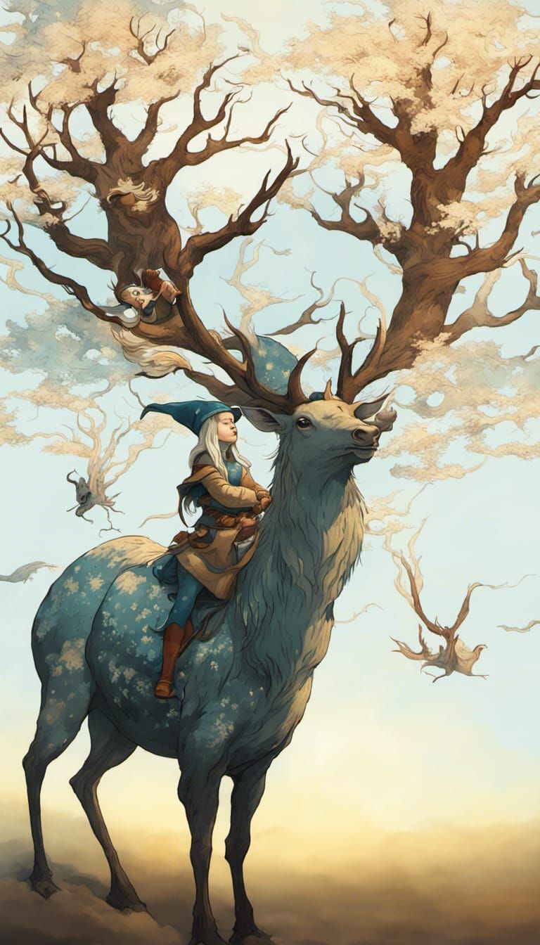 Gnome Wizard Rides Tree Elk, Ukiyo-e Style