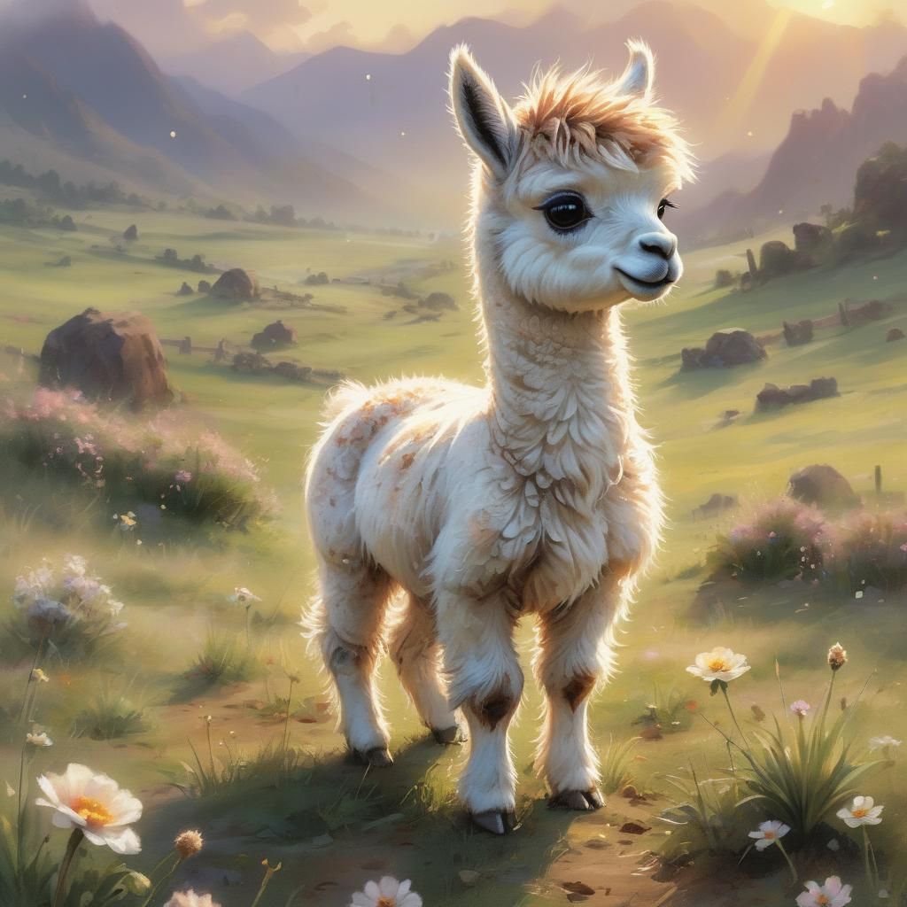 Adorable Chibi Llama in Peru: Digital Watercolor
