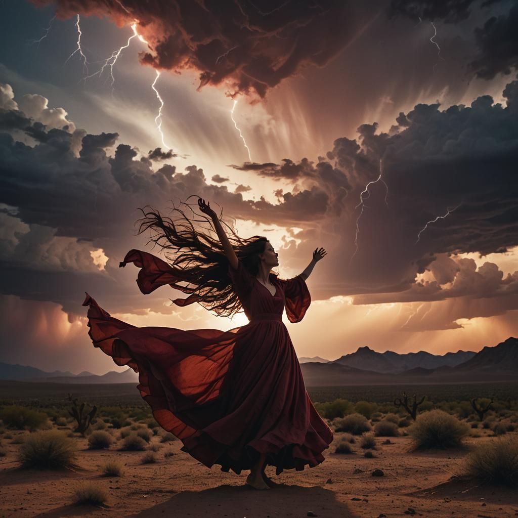 Dramatic Desert Lightning Strikes Woman in Billowing Dress