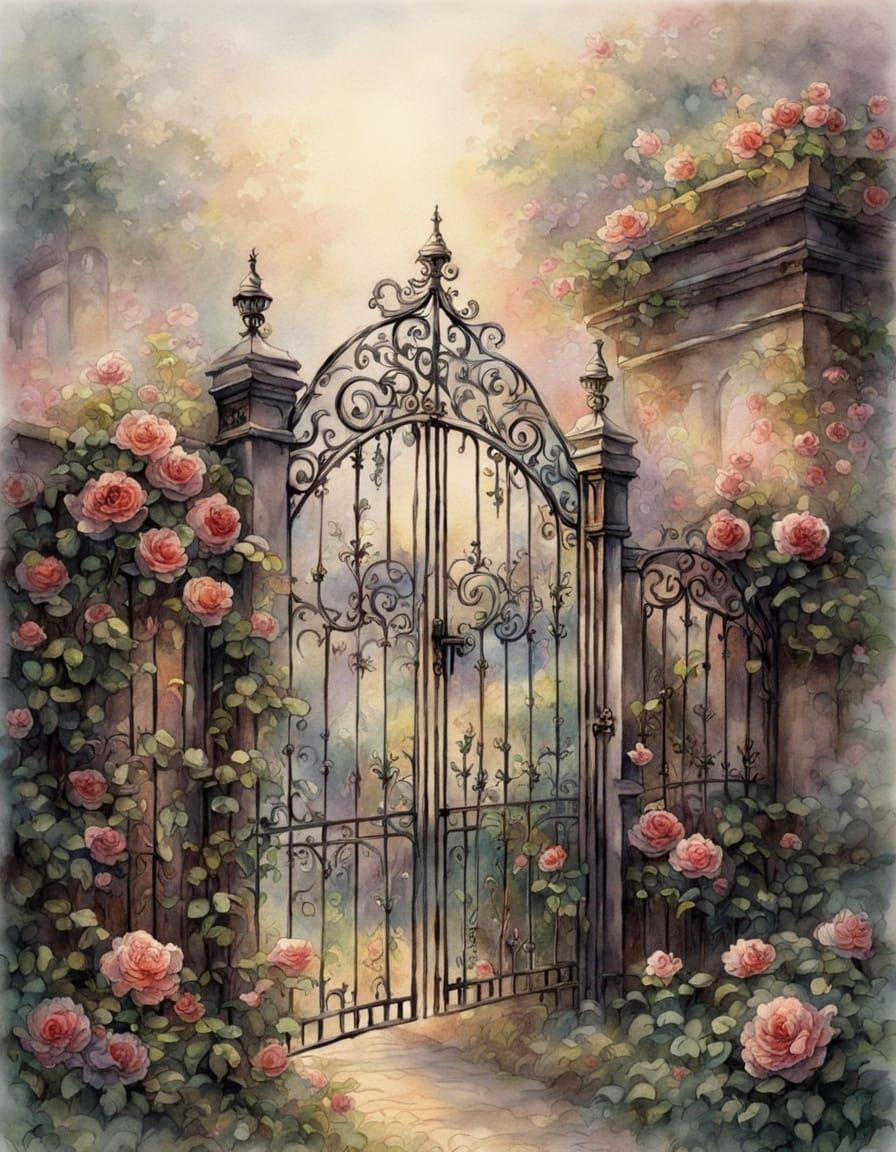 Ornate Wrought Iron Gate Covered in Roses