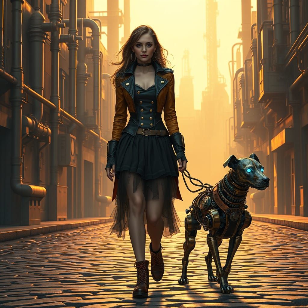 Steampunk Woman and Gear-Jointed Dog Stroll Through Golden-L...
