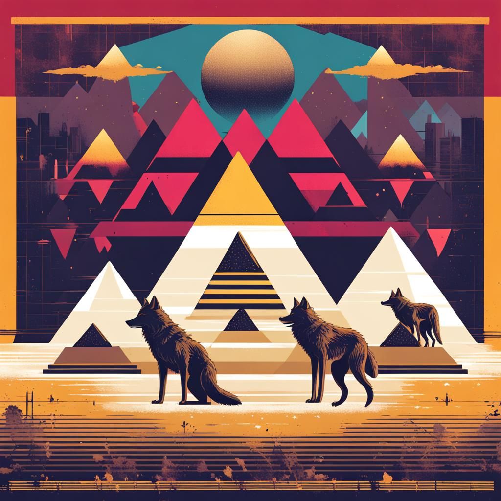 Snowing Pyramids with Wolves in Pop Art Style