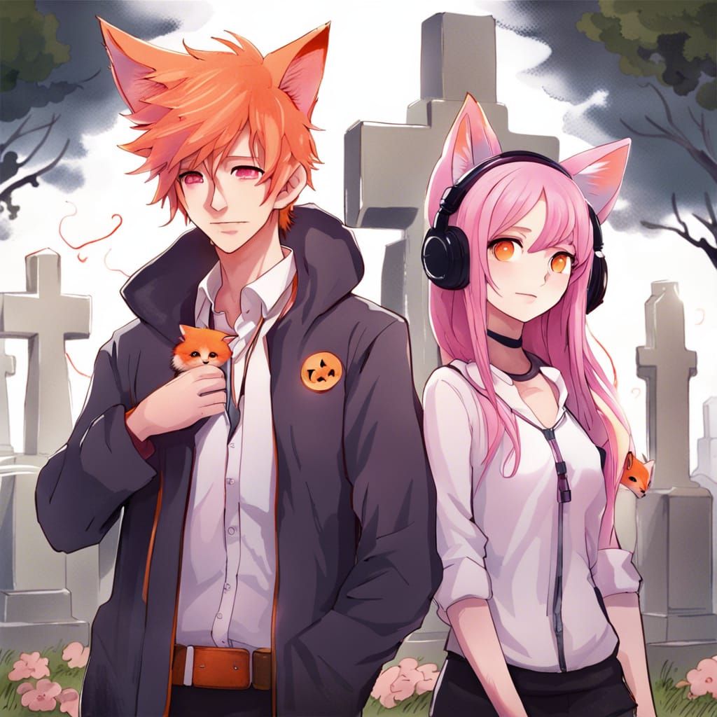 Tim Burton Style Cemetery Scene with Pink and Orange Hair