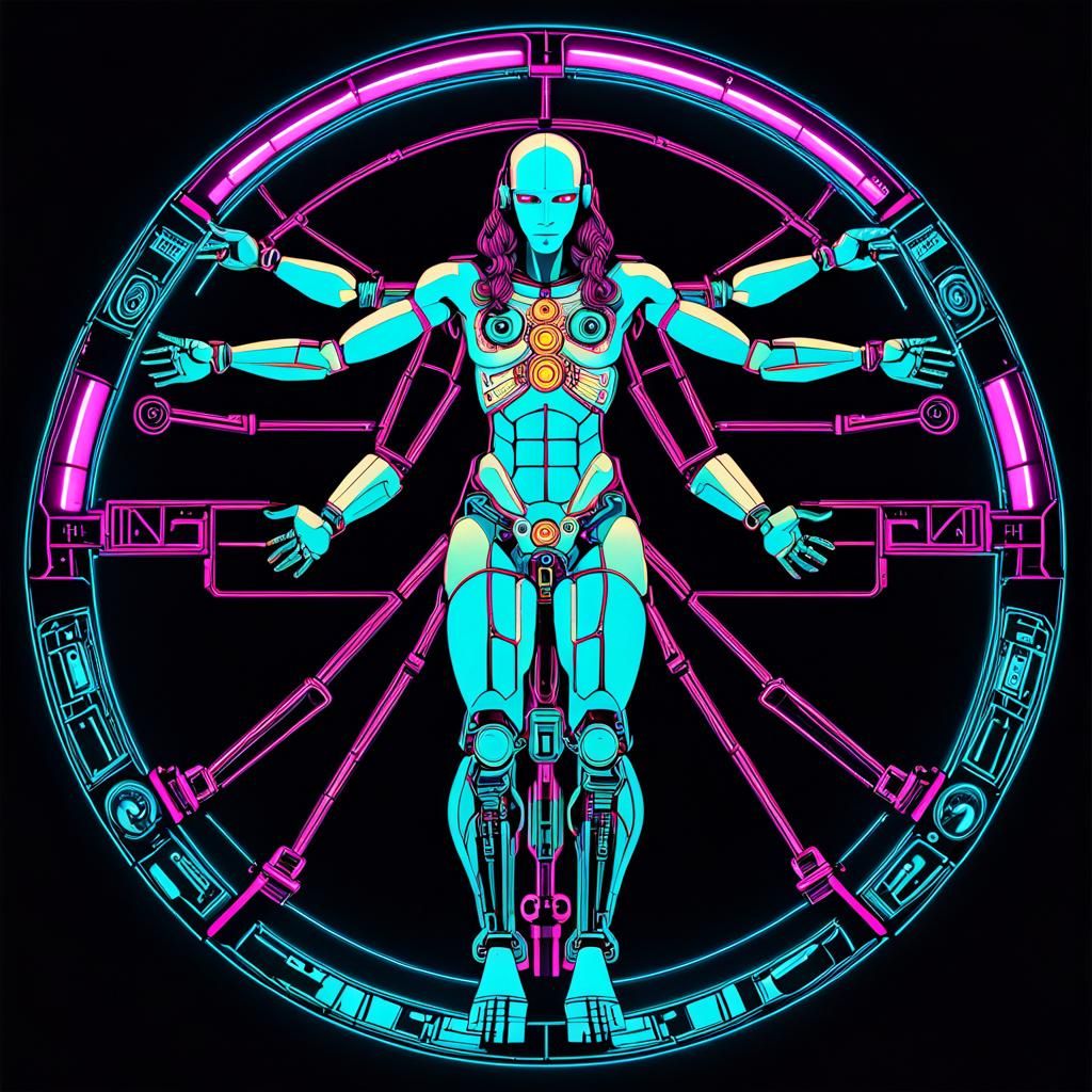 Cyberpunk Robotic Vitruvian Man in Neon