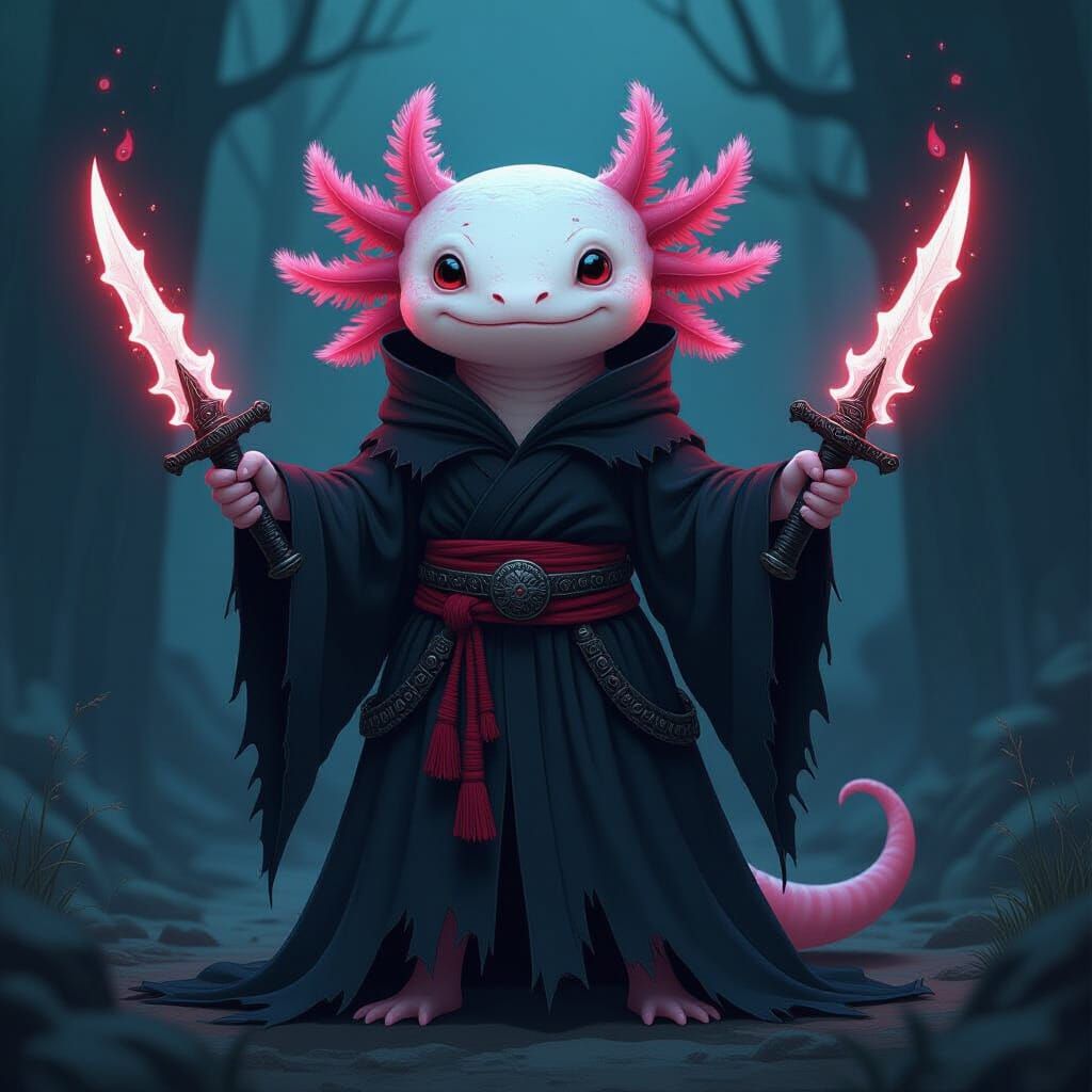 Mystical Void Axolotl with Flaming Daggers