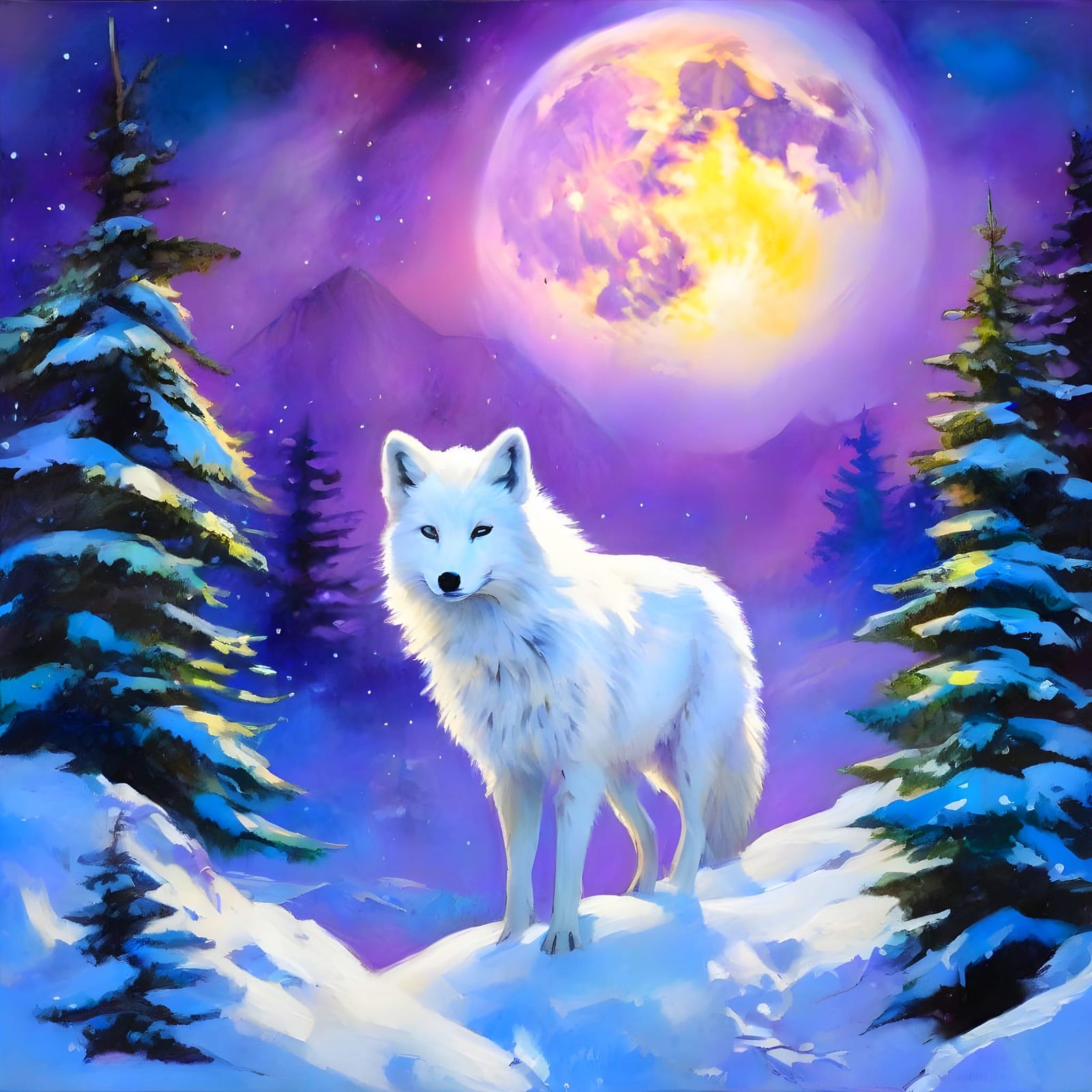 Arctic Fox Under Aurora Borealis as Impasto Painting