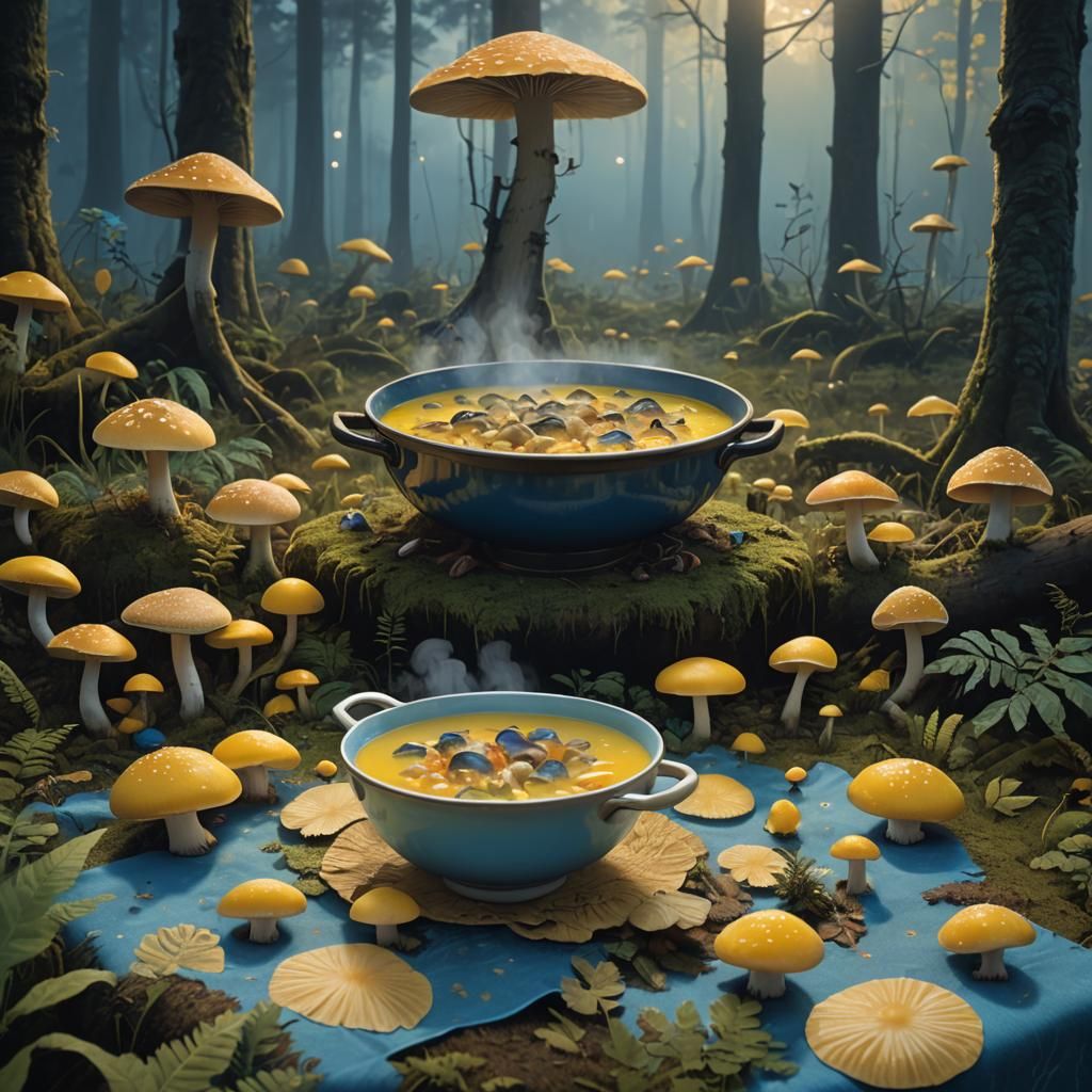 Luminescent Mushroom Soup in Mystical Forest