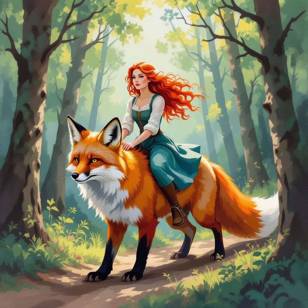 Maiden Rides Giant Fox Through Woods, Gouache Style
