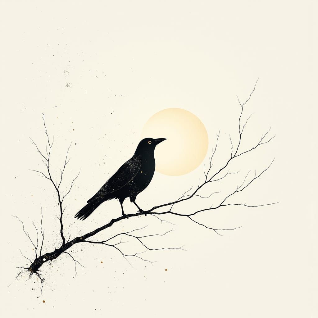 Crow on Snowy Branch in Moonlit Sky - Sumi-e Style