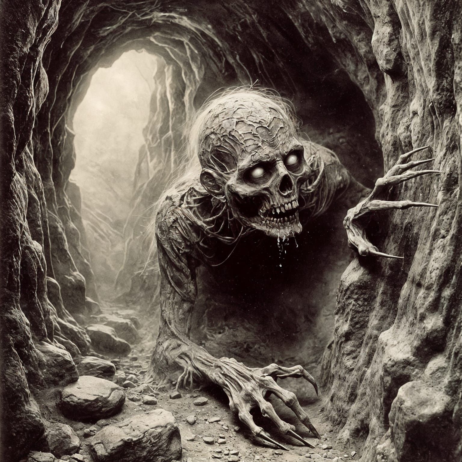 A Ghastly Figure Emerges from Shadows in Fading Black-and-Wh...