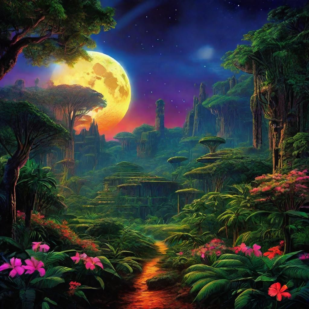 Alien Jungle Ruins Under Twin Moons: CGI Art