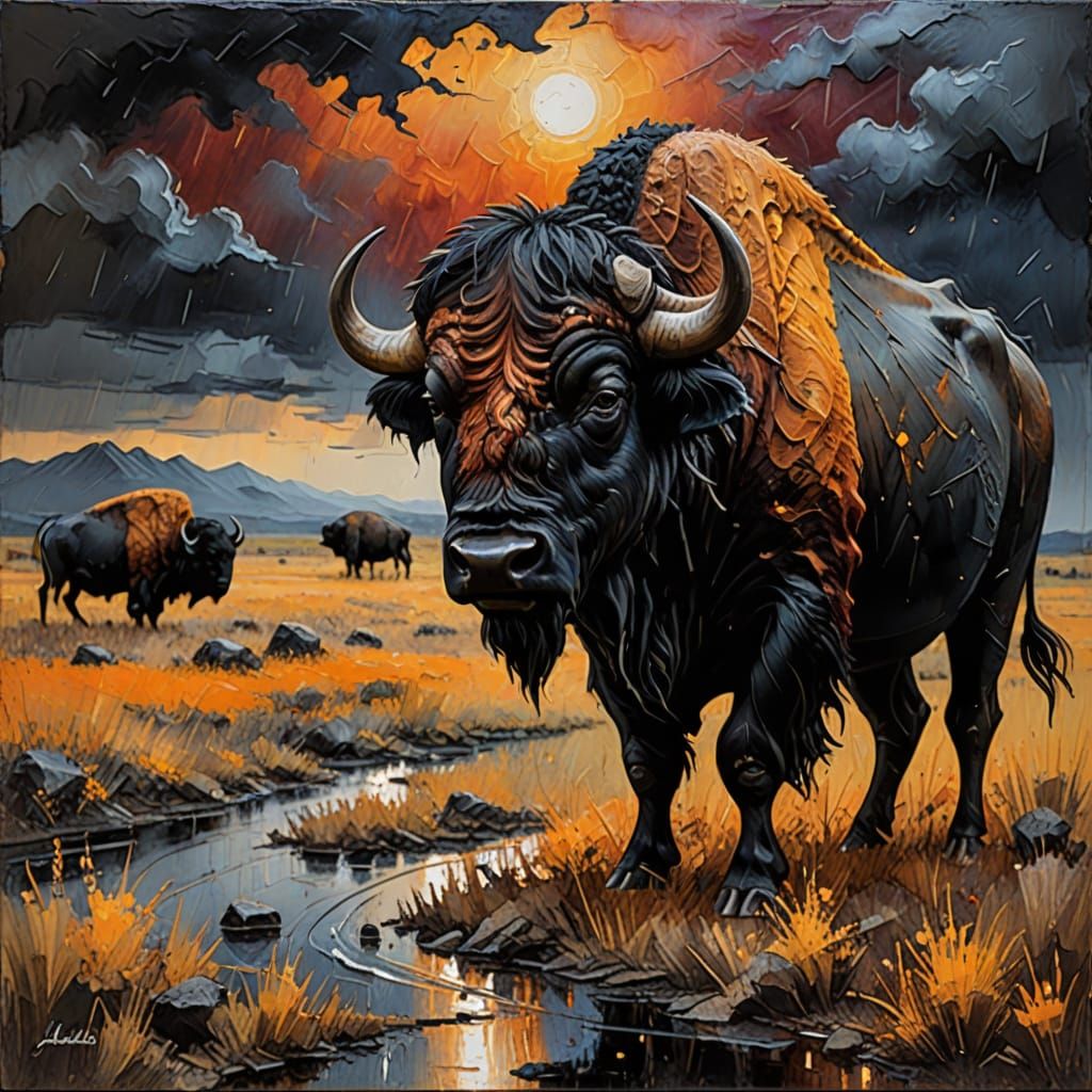 Buffalo in Stormy Landscape: Encaustic Impasto Painting