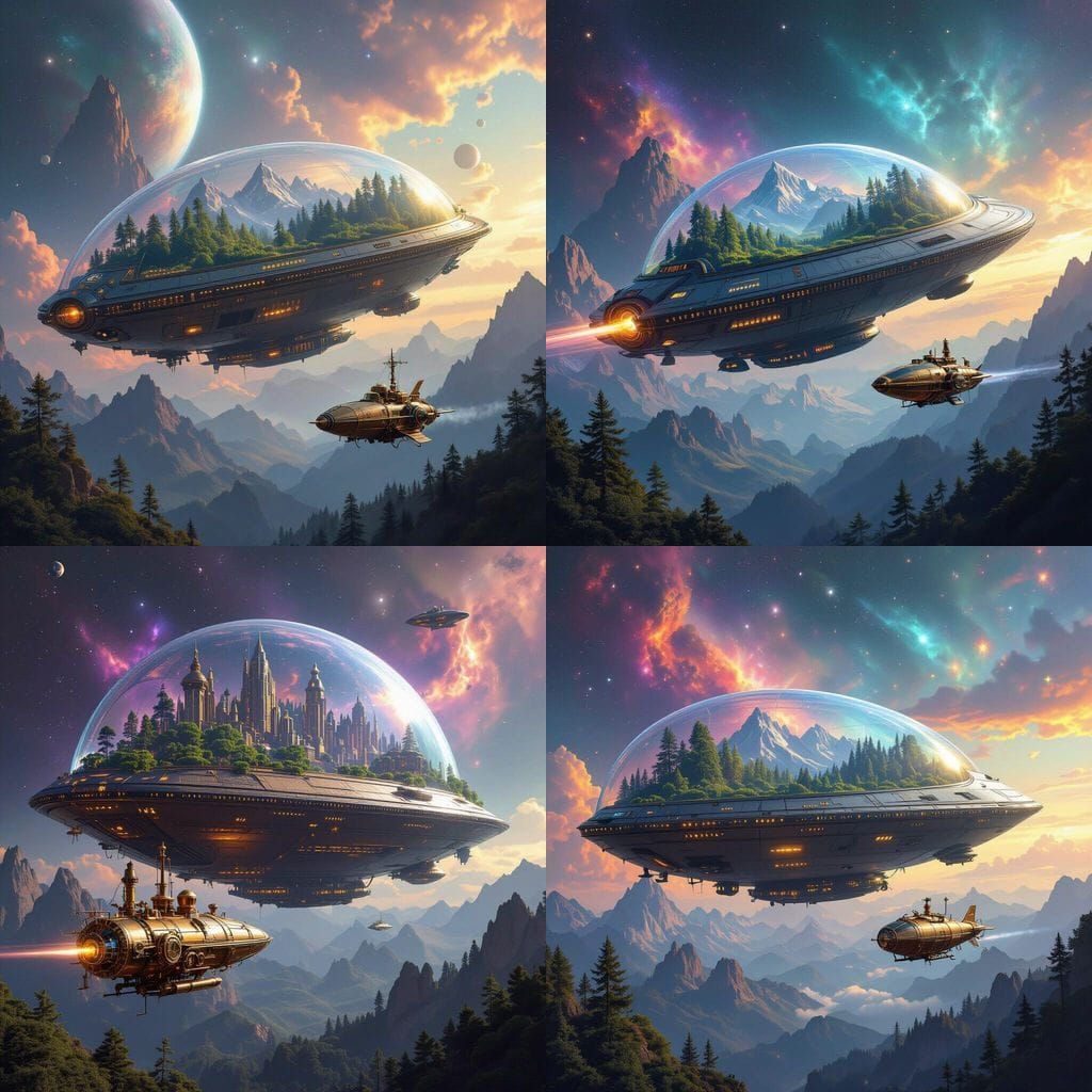 Giant Galaxy Ship with Internal Ecosystem and Steampunk Comp...