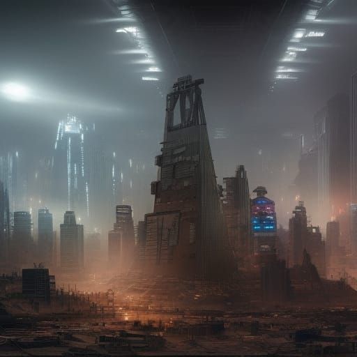 Cyberpunk Pyramid in Post-Apocalyptic Landscape