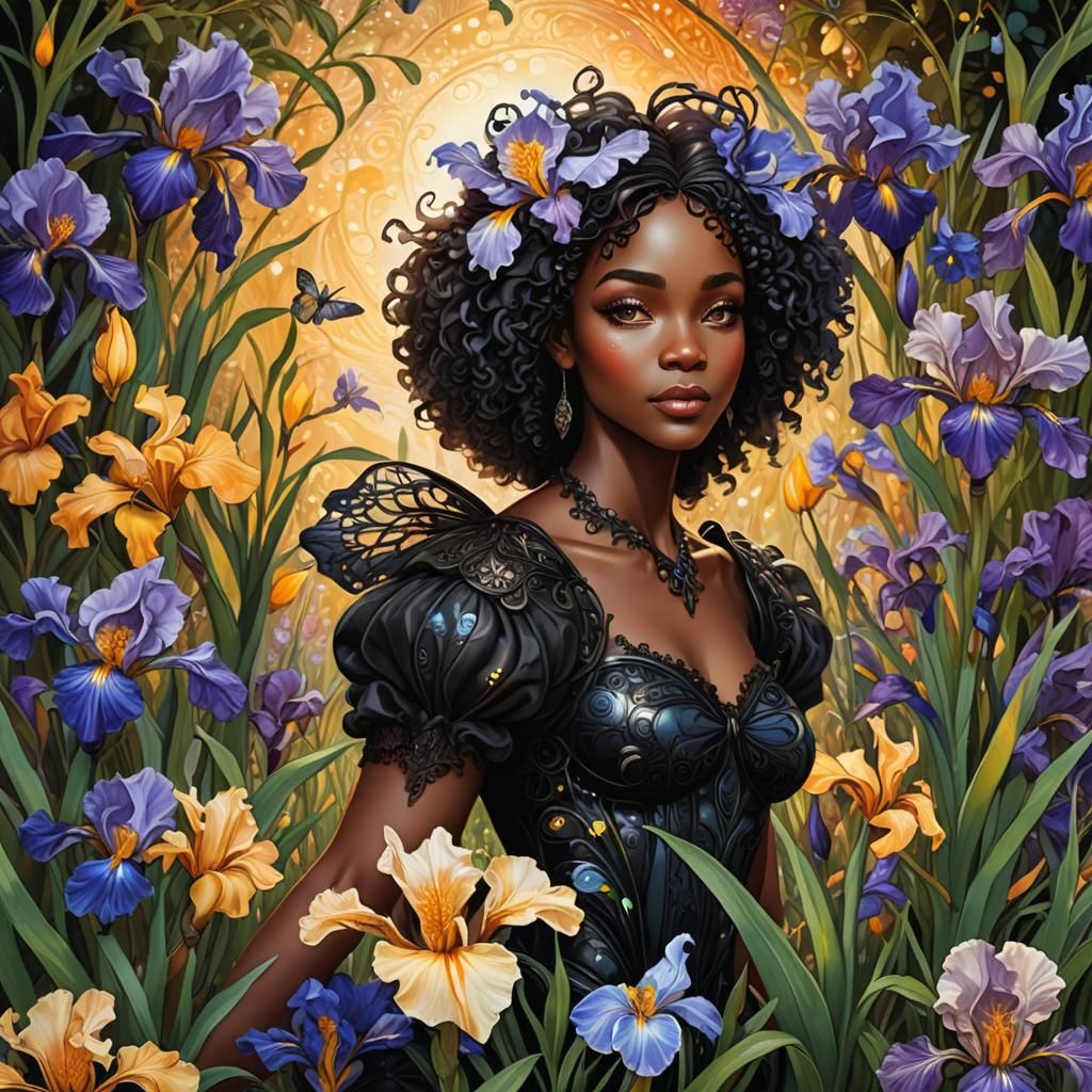 Cute Black Fairy with Irises in Astral Garden