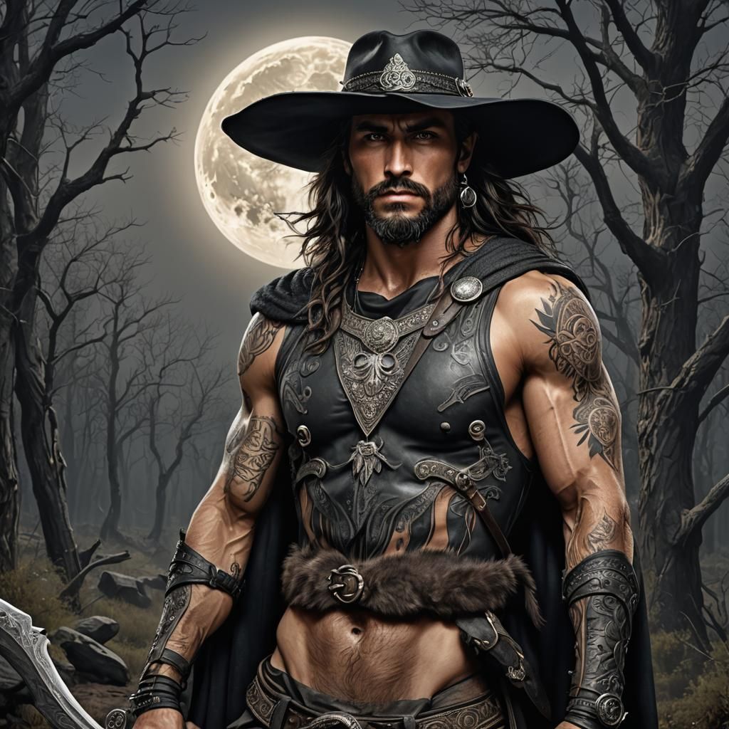 Hyperrealistic Hunter Warrior with Raven in Dark Forest