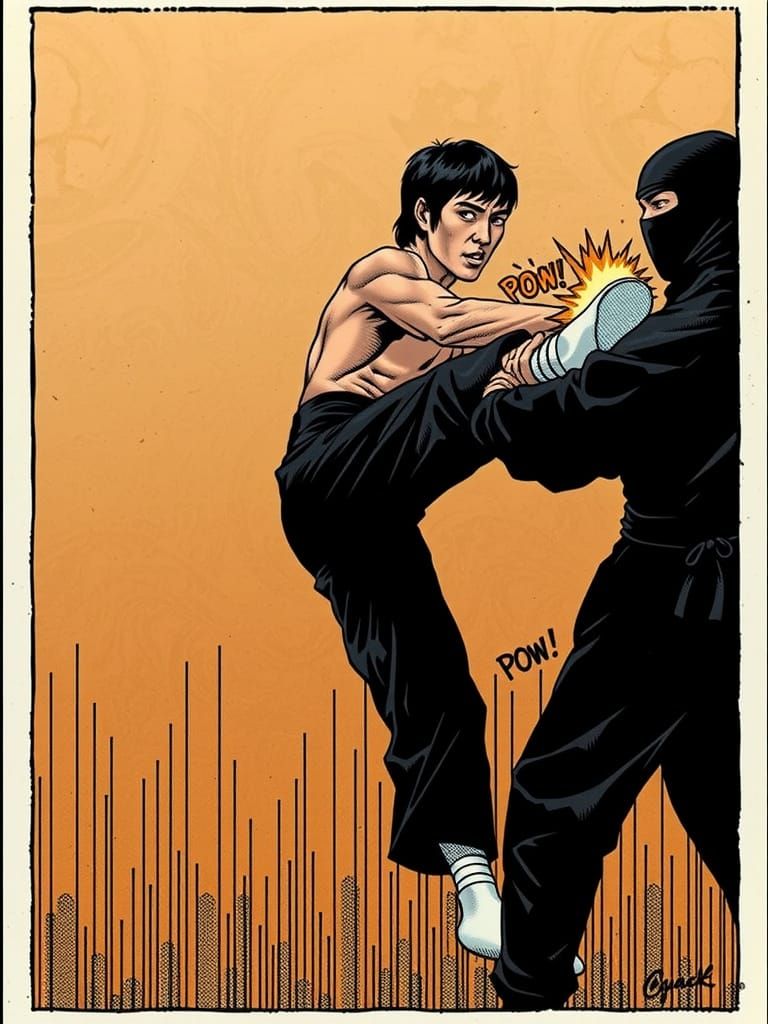Martial Artist Delivers Powerful Kick in Classic Comic Style