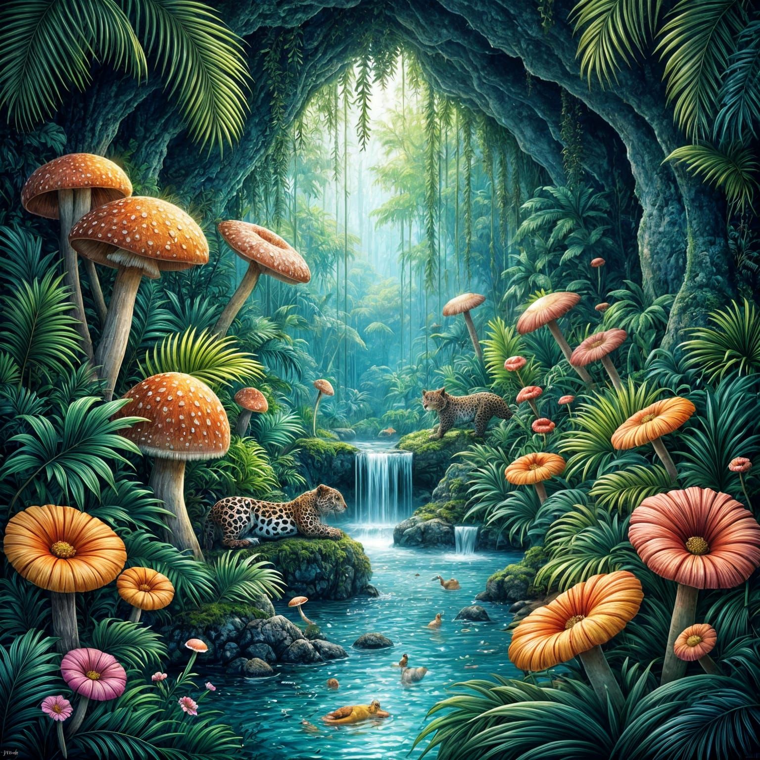 Crystal Grotto with Luminous Mushrooms and Jaguar in Tropica...