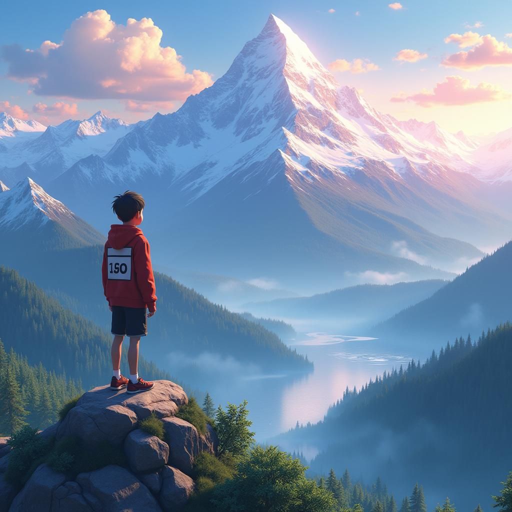 Hoodie-Clad Boy at Mountain Summit in 3D Anime Style
