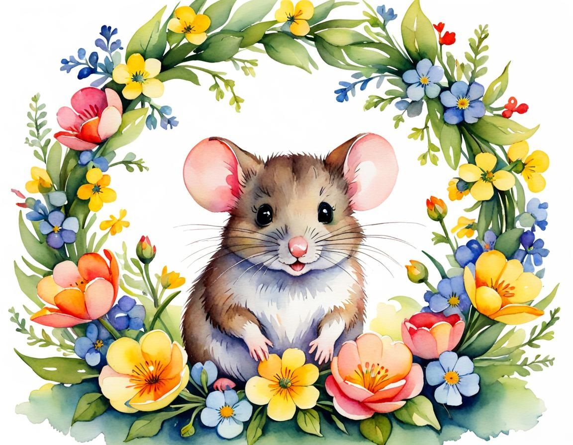 Whimsical Mouse in Vibrant Watercolor Spring Garland