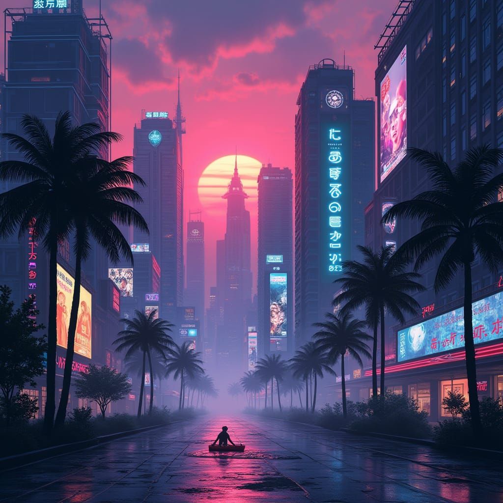Neon-Lit Cyberpunk Cityscape in Retro-Futuristic Style