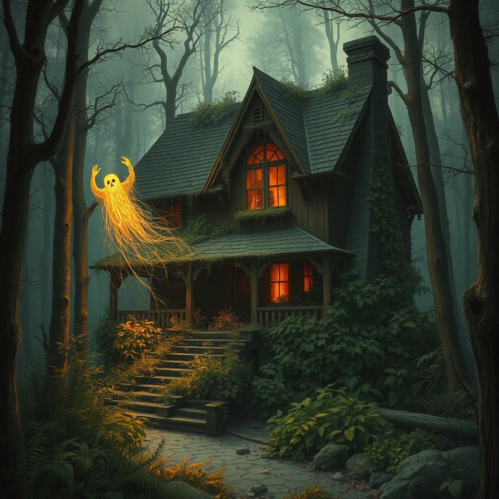 Eerie Forest House with Fire Ghost