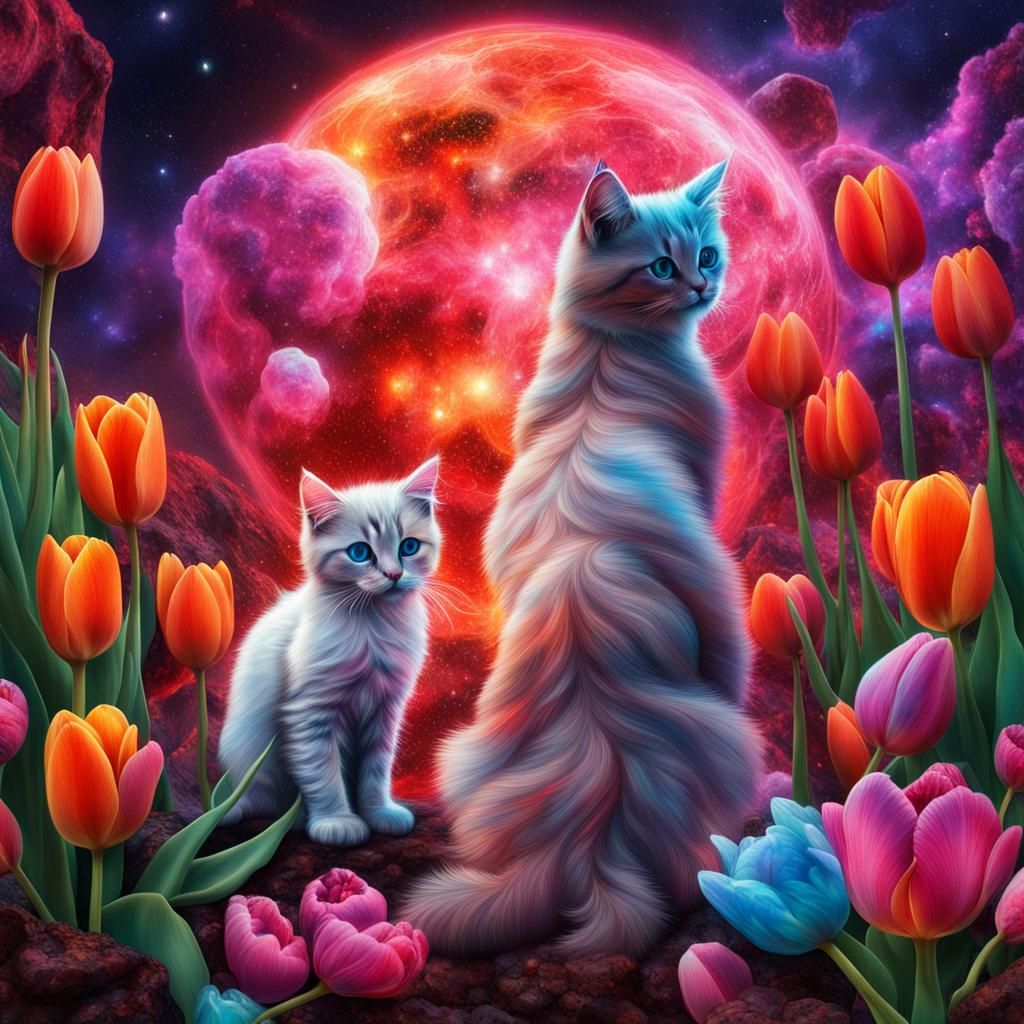 Volcanic Tulips and Kittens, Astral Cosmic Illustration