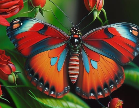 Crimson Rose Butterfly in Hyperrealistic Close-Up